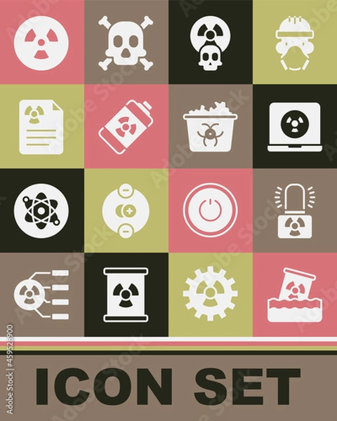 Fototapeta Set Radioactive waste in barrel, warning lamp, Nuclear laptop, energy battery, Radiation document, and Infectious icon. Vector