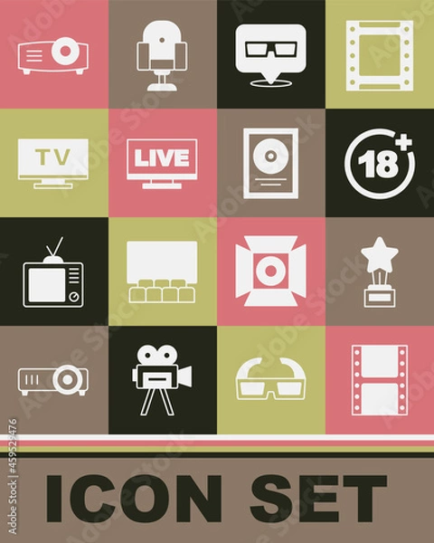 Fototapeta Set Play video, Movie trophy, Plus 18 movie, 3D cinema glasses, Live stream, Smart Tv, Movie, film, media projector and CD disk award frame icon. Vector
