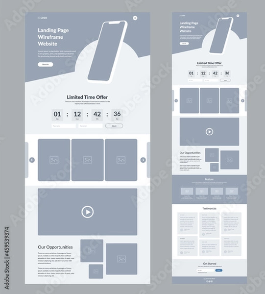 Fototapeta Website design template wireframe. Landing page site design.