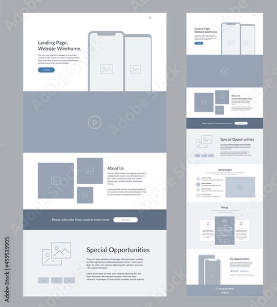 Obraz Website design template wireframe. Landing page site design.