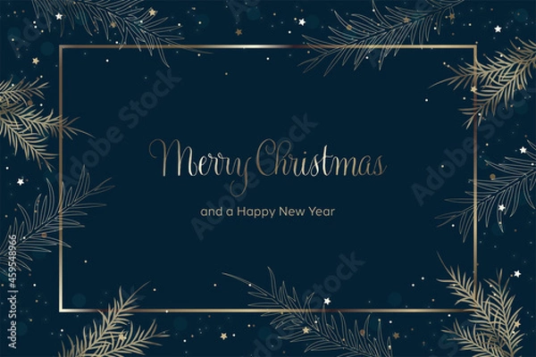 Fototapeta Merry Christmas and a Happy New Year greeting card vector. Dark blue background with gold Christmas elements