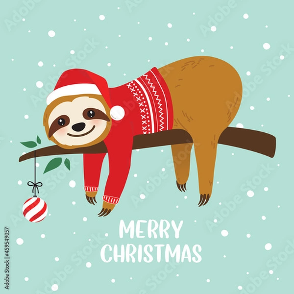 Fototapeta Cute cartoon sloth vector graphic design for Christmas holiday. Merry Christmas print. Adorable hand drawn sloth character on the tree branch in Santa Claus hat and ugly red Christmas sweater
