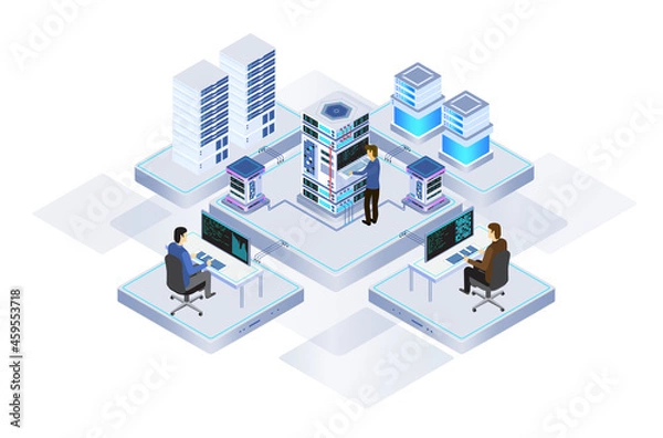 Obraz data center or server room processing data operation with security protection and maintenance with isometric design style - vector	