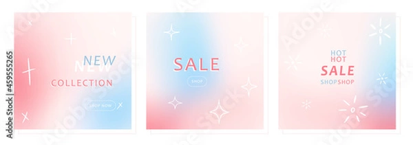 Obraz Trendy sale square cards. Colorful gradient backgrounds with sparkles. Modern templates for social media posts, ads, covers, banners design. Abstract vector art. 