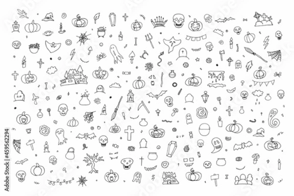 Fototapeta Big Doodle Happy Halloween set. Hand-drawn ghost, pumpkin, candles, skulls, bat on white background. Cute scary horror characters banner for fall holidays, Day of the Dead. Vector cartoon illustration
