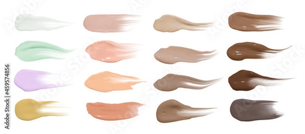 Fototapeta Foundation smears. Makeup concealer base. Isolated paint swatch. Liquid brown background. Foundation cream isolated on white. Face care product. Cosmetic vector powder. Foundation smudges.