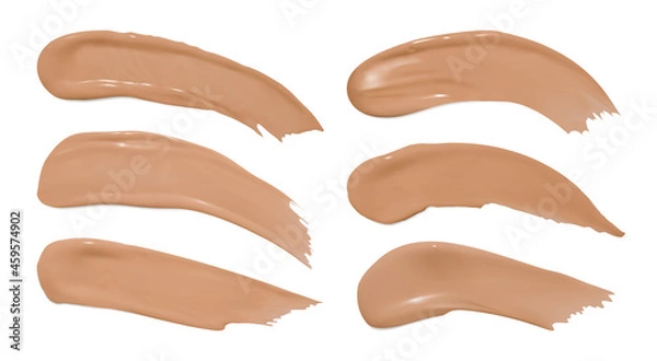 Fototapeta Foundation smudges. Make up concealer splash. Fashion vector swatch. Cosmetic brown background. Foundation smears. Face beauty powder. Makeup color product. Foundation cream isolated on white.