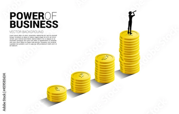 Fototapeta Silhouette of businessman looking through telescope standing on top of growth graph with stack of coin. Concept of success investment and growth in business.