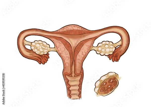 Fototapeta Illustrated Health Diagram of Woman’s Uterus with Polycystic Ovarian Syndrome (PCOS)