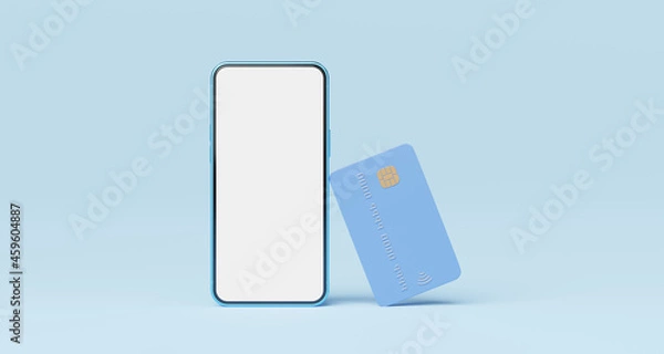 Obraz Credit card leaning phone on blue background. Mobile banking and Online payment service. Saving money wealth and business financial concept. Smartphone money transfer online. 3d render.