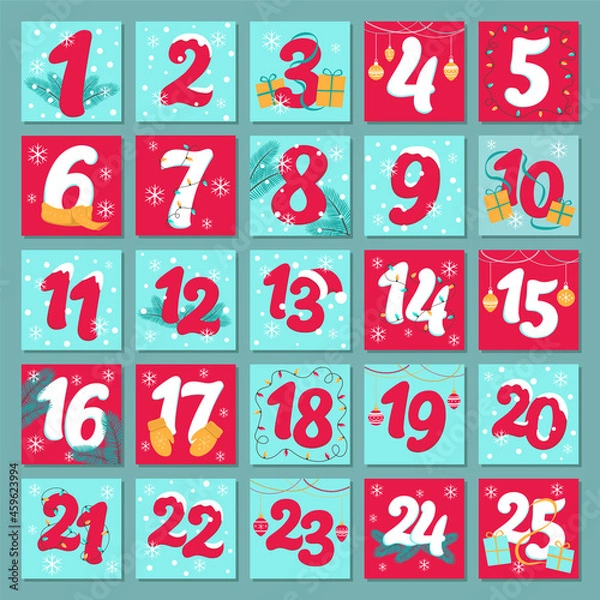 Obraz Christmas advent calendar. Winter hand drawn elements. Vector illustration.
