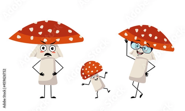 Fototapeta Family of cute amanita character with joyful emotions, smile face, happy eyes, arms and legs. Mom is happy, strict dad and the child is dancing. Fly Agaric mushroom with a red hat and white dots