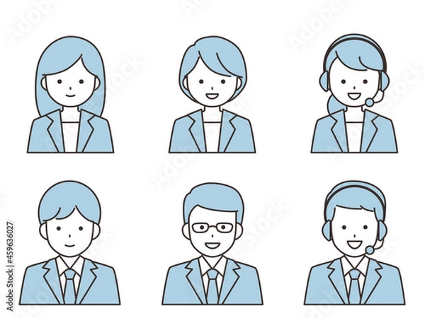 Fototapeta スーツを着た男性と女性のアイコン　主線あり　水色