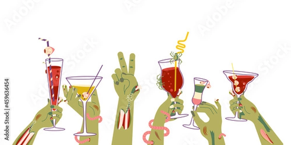 Obraz Dead zombie hands holding bloody cocktails isolated