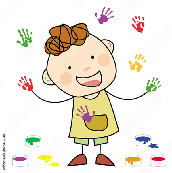 Fototapeta A boy with paints on his hand leaves his fingerprints. Vector element, suitable for educational manuals. Child and drawing.