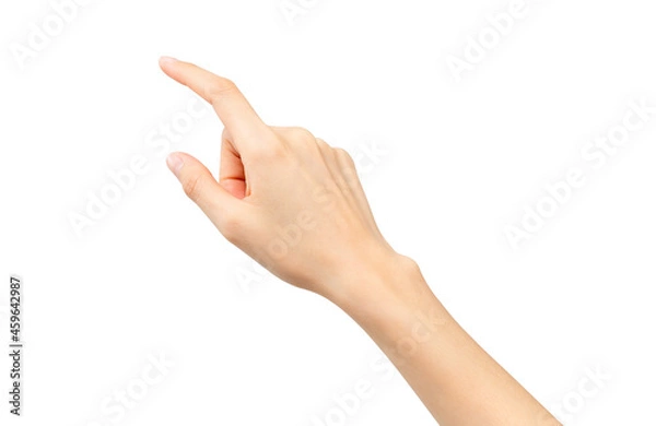 Obraz Closeup of hand pointing or touching at something on isolated background with clipping path.