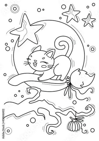 Obraz Coloring page with cat on a broom, hand-drawn vector illustration.