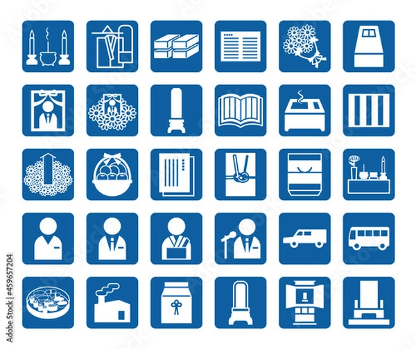 Fototapeta 葬式葬儀白抜き青四角アイコンセット