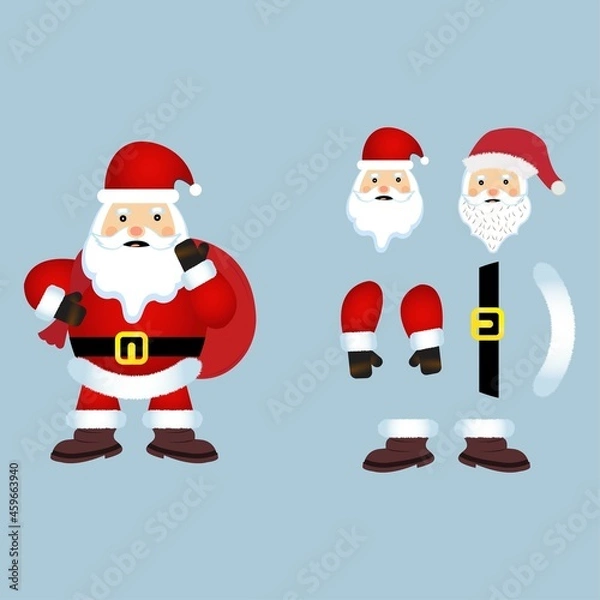 Obraz Christmas Santa Claus vector design on a rusty light blue background. Santa Claus design elements with a huge sack of Christmas gifts. Happy Santa Clause flat element design.