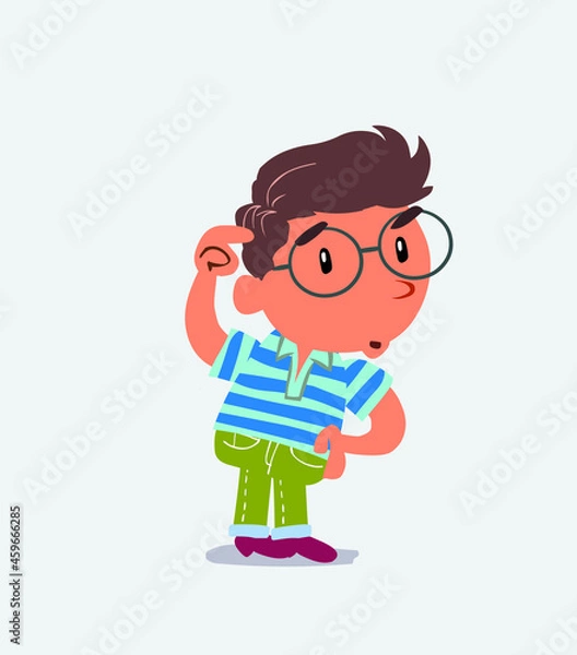 Obraz funny cartoon character of little boy on jeans doubting.
