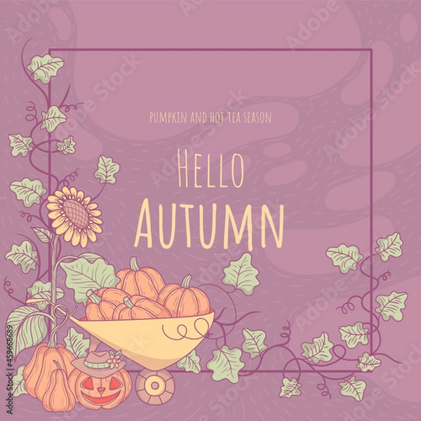 Fototapeta Vector element with an autumn design. Pumpkins in a cart, a sunflower and curly leaves with framed text on a dark background. For postcards, invitations or packaging design