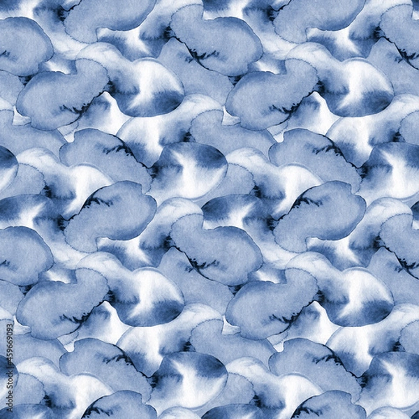 Fototapeta Decorative Christmas seamless pattern of abstract watercolor spots in light blue indigo colour. Winter hand painted texture.