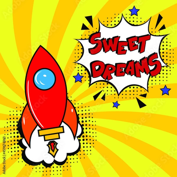 Fototapeta Hand-drawn lettering phrase: Sweet dreams.  Comic book explosion with text Sweet dreams, vector illustration. Vector bright cartoon illustration in retro pop art style. 