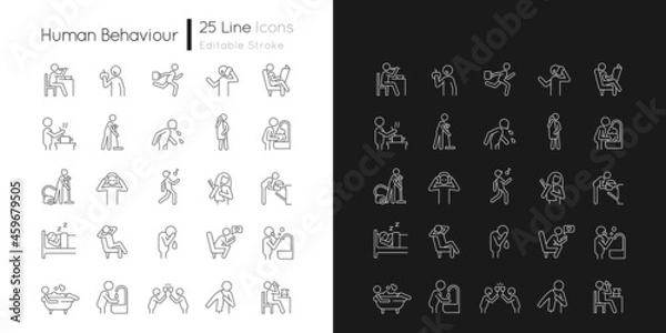 Obraz Human behaviour linear icons set for dark and light mode. Activities of daily living. Day-to-day routine. Customizable thin line symbols. Isolated vector outline illustrations. Editable stroke