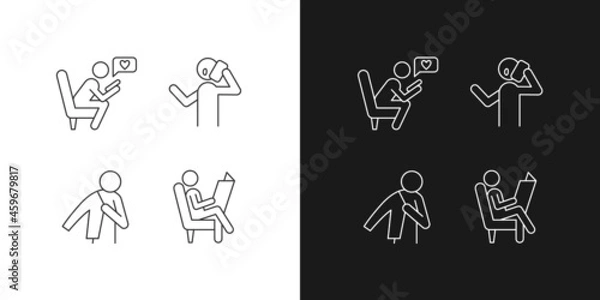 Fototapeta Everyday life linear icons set for dark and light mode. Making telephone call. Reading newspaper. Customizable thin line symbols. Isolated vector outline illustrations. Editable stroke