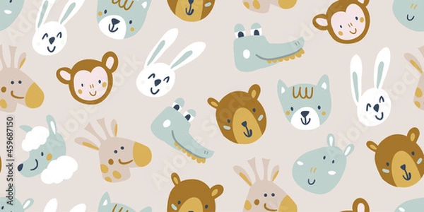 Fototapeta Vector seamless pattern with cute animal faces - bear, crocodile, giraffe, lama, hippo, monkey, cat, rabbit on beige background. childish seamless pattern for boys and girls