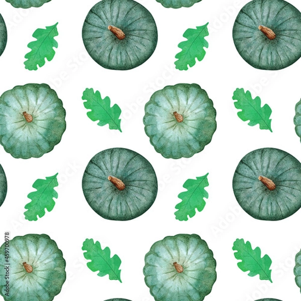 Fototapeta Hand drawn watercolor seamless pattern with green pumpkins and autumn leaves on a white background.
