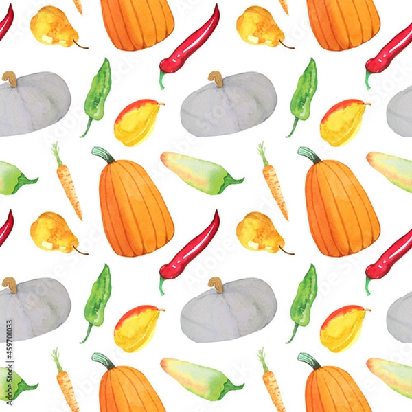 Obraz Hand drawn watercolor seamless pattern with autumn harvest on white background. The culinary print with pumpkin, pepper and pears is suitable for menus, cookbooks, food packaging.