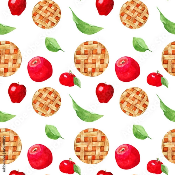 Fototapeta Hand-drawn watercolor seamless pattern with apple pie and red apples on a white background.
