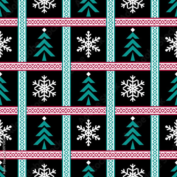 Fototapeta Holidays vector pattern, Christmas seamless pattern, winter pattern with snowflakes