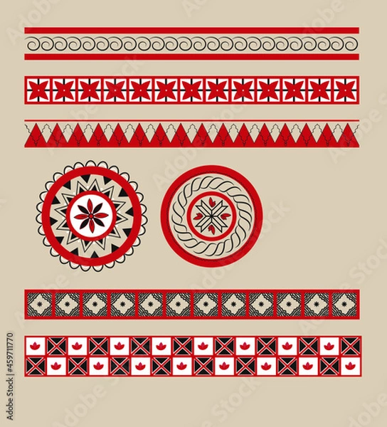 Fototapeta A set of vector ethnic red and black border dividers in the style of Russian folk northern Mezen painting for decoration