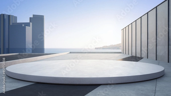 Fototapeta Empty concrete floor and round white podium. 3d rendering of sea view plaza with clear sky background.