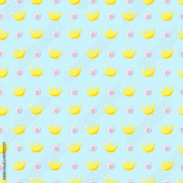 Fototapeta Seamless pattern with yellow crowns and pink sweets in cartoon style on a blue background.