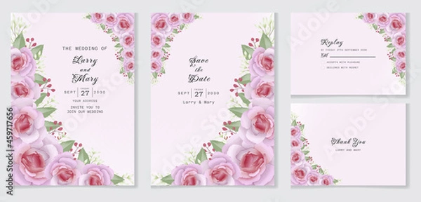 Obraz Watercolor wedding invitation template set with rose and leaves Premium Vector
