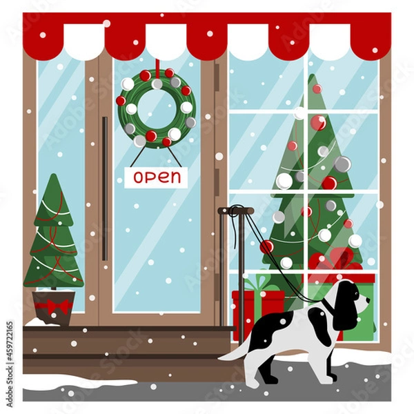 Fototapeta Shop window in the New Year and Christmas. The dog is waiting for a person with gifts at the entrance. Vector illustration in a flat style. A festive concept for a postcard, poster.