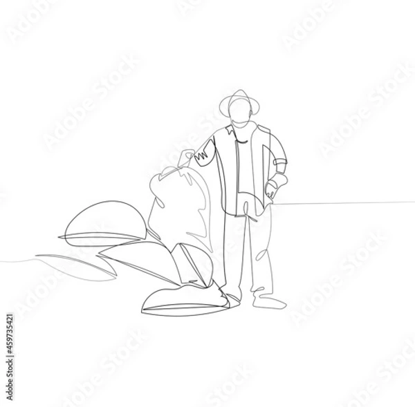 Fototapeta full length portrait of a mature farmer standing next to a pile of burlap sacks isolated on white. Vector illustration
