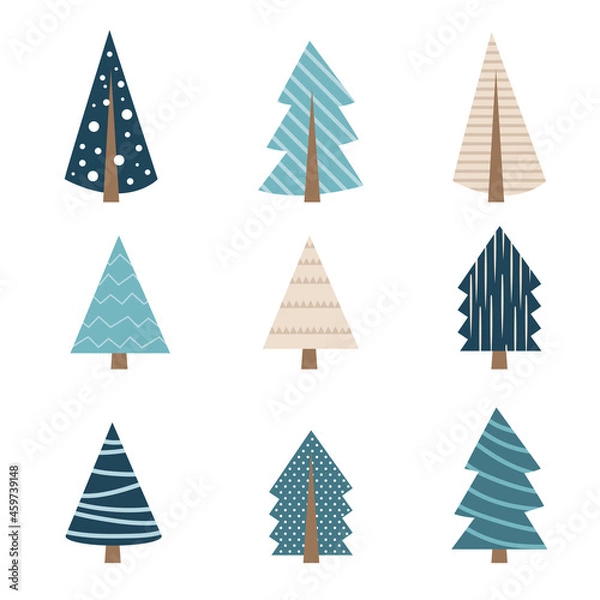 Fototapeta Cute blue christmas tree of different shape set. Collection of xmas tree for greeting card decoration or logo design. Isolated flat vector
