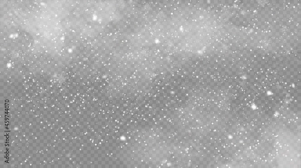 Fototapeta Vector snowfall isolated. Winter background. Snow overlay illustration. Snowflakes and ice.