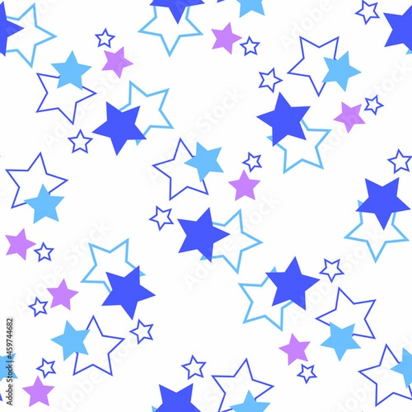 Obraz Seamless pattern with blue and lilac stars on a white background. Use for fabric, wrapping paper, wallpaper, print, backdrops, baby clothes, napkins, bags, merchandise, clothing, and artwork.