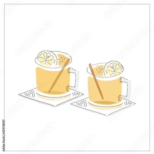 Obraz simple vector illustrations of 2 hot drinks on table with slice of lemons and cinnamon sticks in cup. Drinks for dinner, night, date, couple at bar and cafe. Graphic element for menu, sign, email, ad 