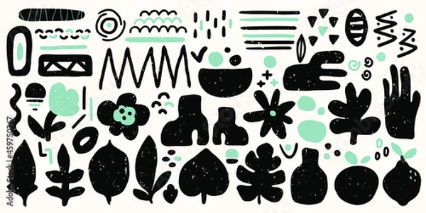 Fototapeta Big collection of hand drawn organic shapes in modern, trendy, contemporary style. Vector set of various doodle blob elements. Stamp texture. Abstract illustration. Isolated silhouette objects. 