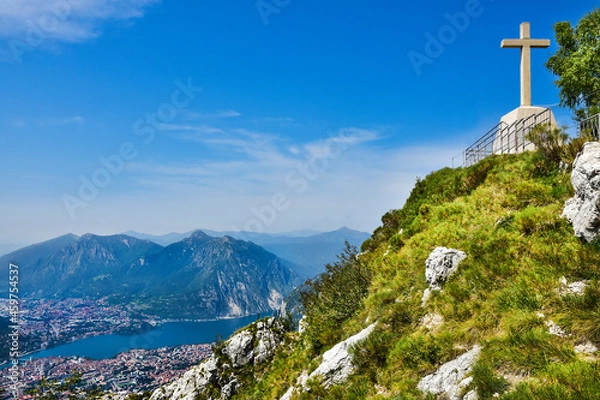 Fototapeta view from the top of Piani D'Erna on the town of Lecco, Italy 