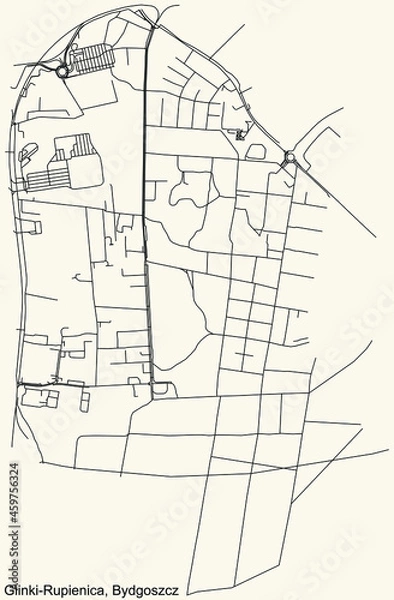 Fototapeta Detailed navigation urban street roads map on vintage beige background of the quarter Glinki-Rupienica district of the Polish regional capital city of Bydgoszcz, Poland