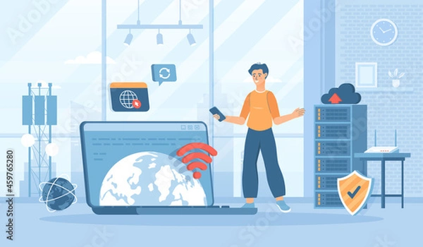 Fototapeta Wireless technology, WiFi network communication. Fast data transfer from one device to another. Flat cartoon vector illustration with people characters for banner, website design or landing web page  