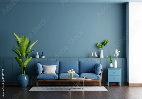 Fototapeta Blue sofa in blue living room with copy space, 3D rendering