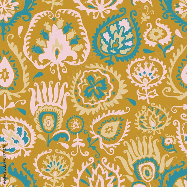 Fototapeta Vector seamless colorful design pattern botanical cute spring herbs and flowers in Boho colors